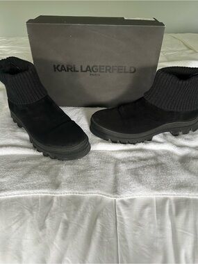 Karl Lagerfeld Black Suede Knit-Cuff Lug Ankle Boots